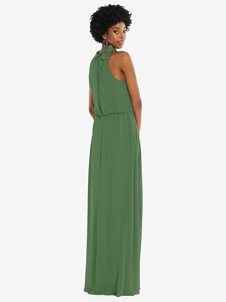 【STYLE: 1562】Scarf Tie High Neck Blouson Bodice Maxi Dress with Front Slit【COLOR: Vineyard Green】