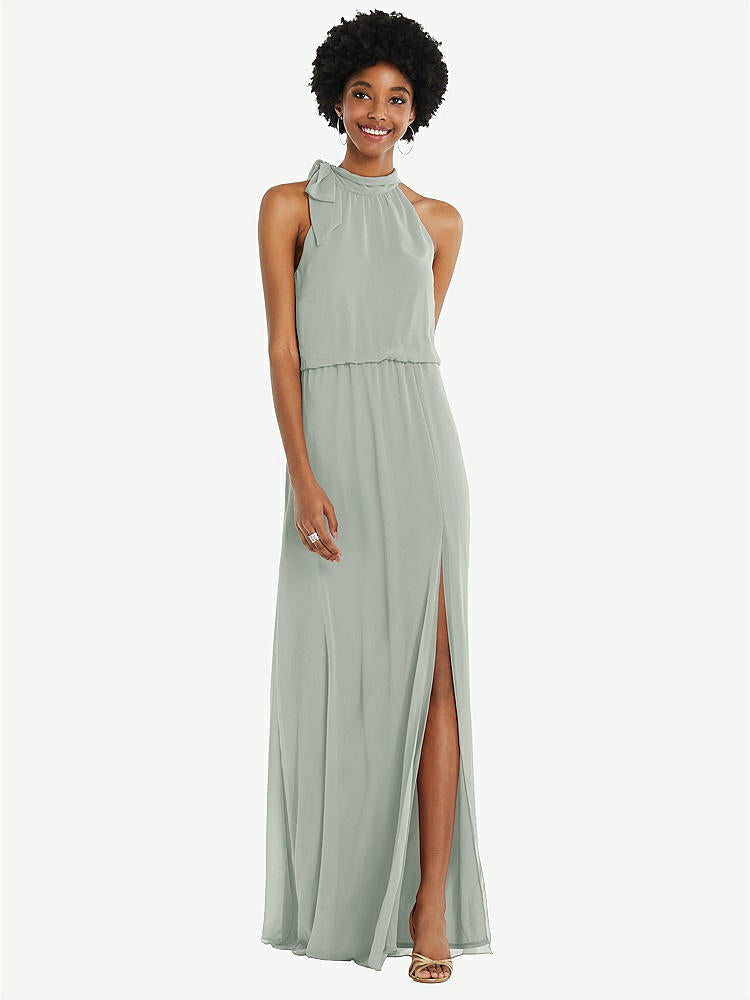 【STYLE: 1562】Scarf Tie High Neck Blouson Bodice Maxi Dress with Front Slit【COLOR: Willow Green】