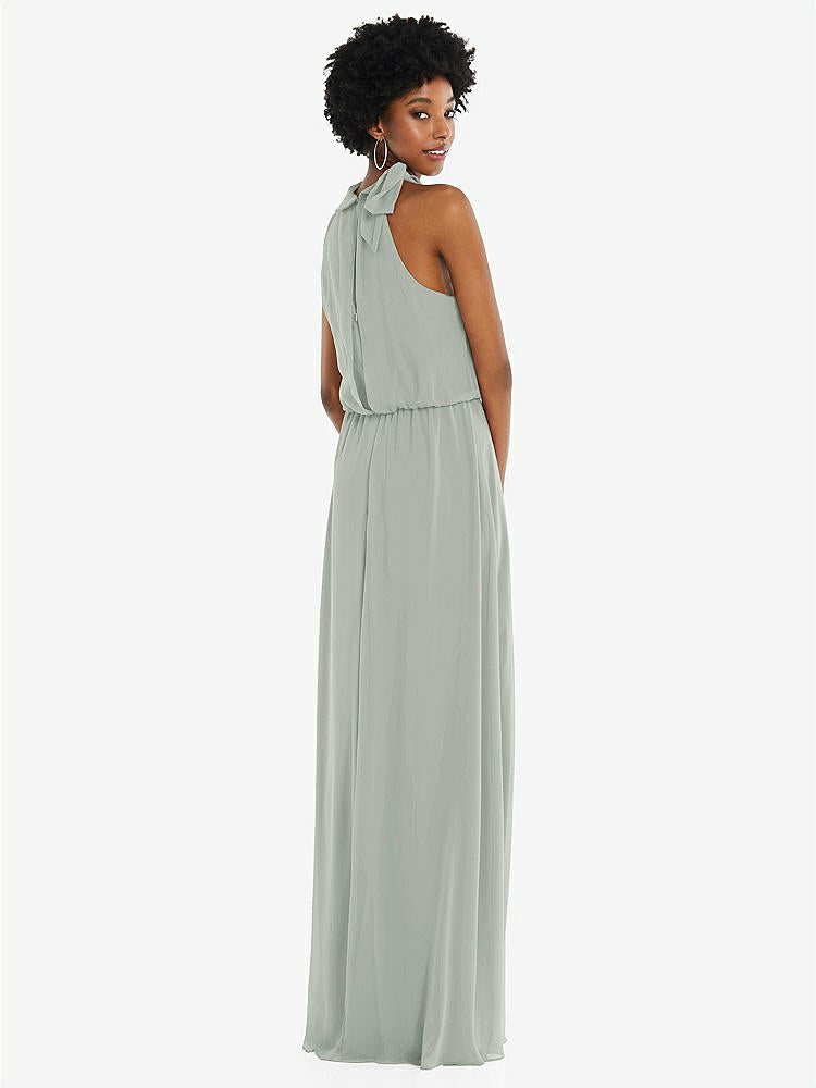 【STYLE: 1562】Scarf Tie High Neck Blouson Bodice Maxi Dress with Front Slit【COLOR: Willow Green】
