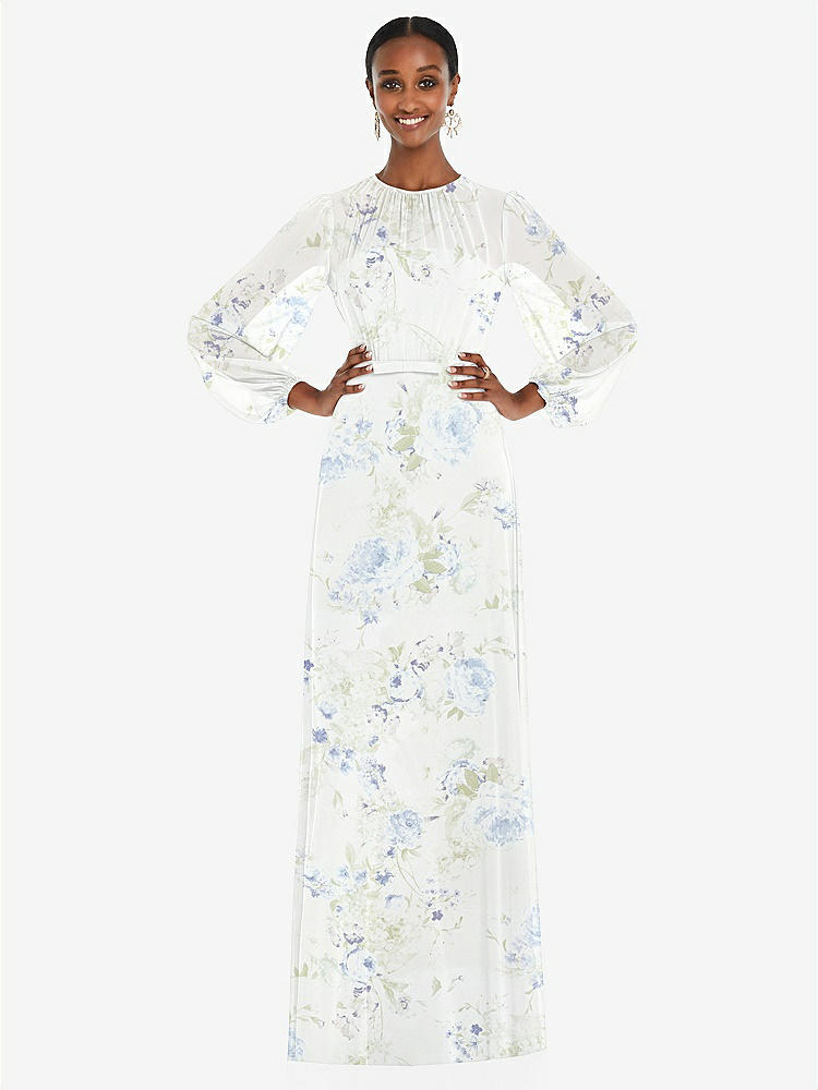 【STYLE: 3098】Strapless Chiffon Maxi Dress with Puff Sleeve Blouson Overlay 【COLOR: Bleu Garden】