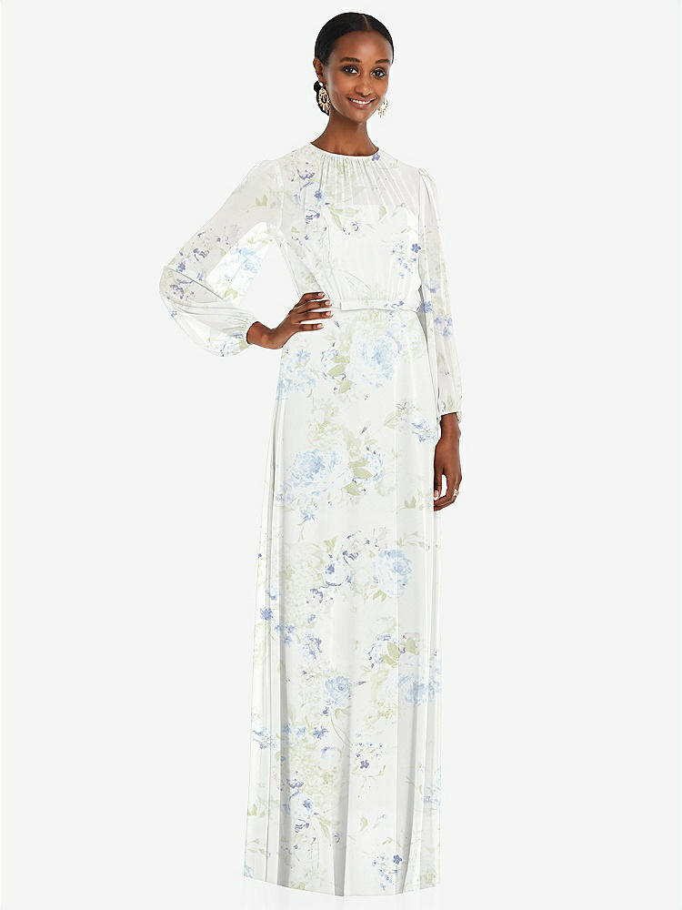 【STYLE: 3098】Strapless Chiffon Maxi Dress with Puff Sleeve Blouson Overlay 【COLOR: Bleu Garden】