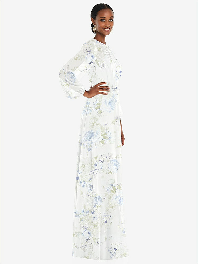 【STYLE: 3098】Strapless Chiffon Maxi Dress with Puff Sleeve Blouson Overlay 【COLOR: Bleu Garden】