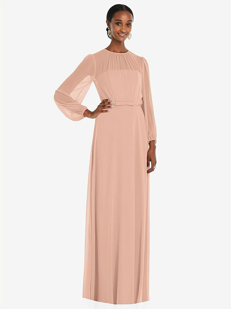 【STYLE: 3098】Strapless Chiffon Maxi Dress with Puff Sleeve Blouson Overlay 【COLOR: Pale Peach】