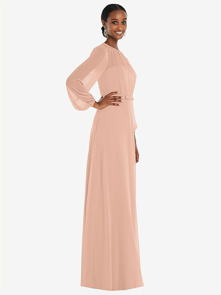 【STYLE: 3098】Strapless Chiffon Maxi Dress with Puff Sleeve Blouson Overlay 【COLOR: Pale Peach】