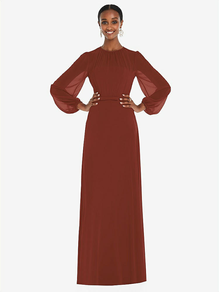 【NEW】【STYLE: 3098】ストラップレス シフォン マキシ ドレス パフ付き スリーブ ブルーソン オーバーレイ 【COLOR: Auburn Moon】【SIZE: 00-30W】