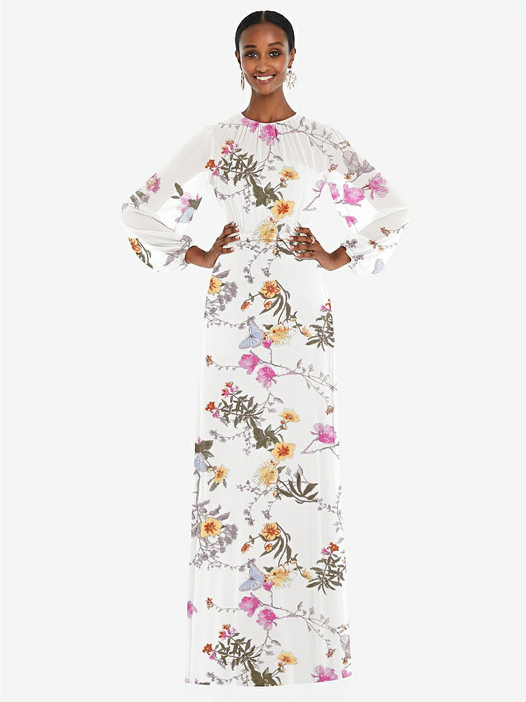 【NEW】【STYLE: 3098】ストラップレス シフォン マキシ ドレス パフ付き スリーブ ブルーソン オーバーレイ 【COLOR: Butterfly Botanica Ivory】【SIZE: 00-30W】