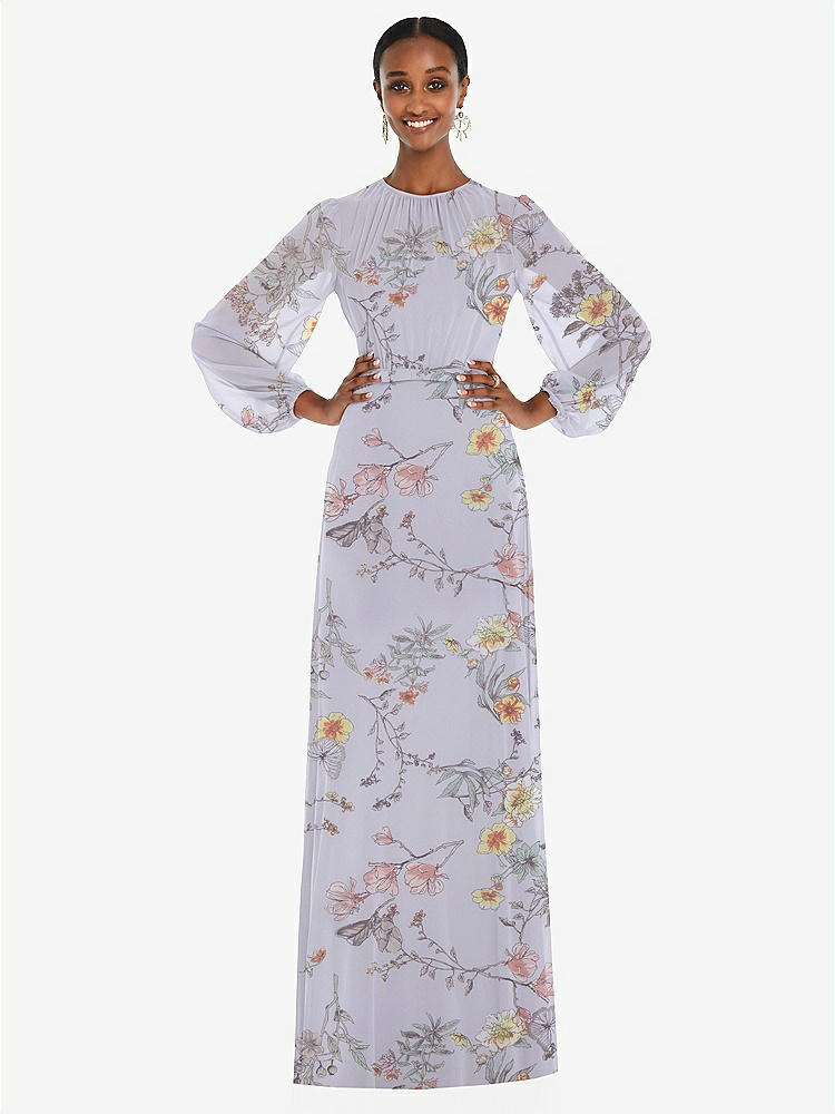 【NEW】【STYLE: 3098】ストラップレス シフォン マキシ ドレス パフ付き スリーブ ブルーソン オーバーレイ 【COLOR: Butterfly Botanica Silver Dove】【SIZE: 00-30W】