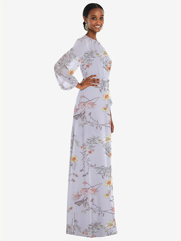 【NEW】【STYLE: 3098】ストラップレス シフォン マキシ ドレス パフ付き スリーブ ブルーソン オーバーレイ 【COLOR: Butterfly Botanica Silver Dove】【SIZE: 00-30W】