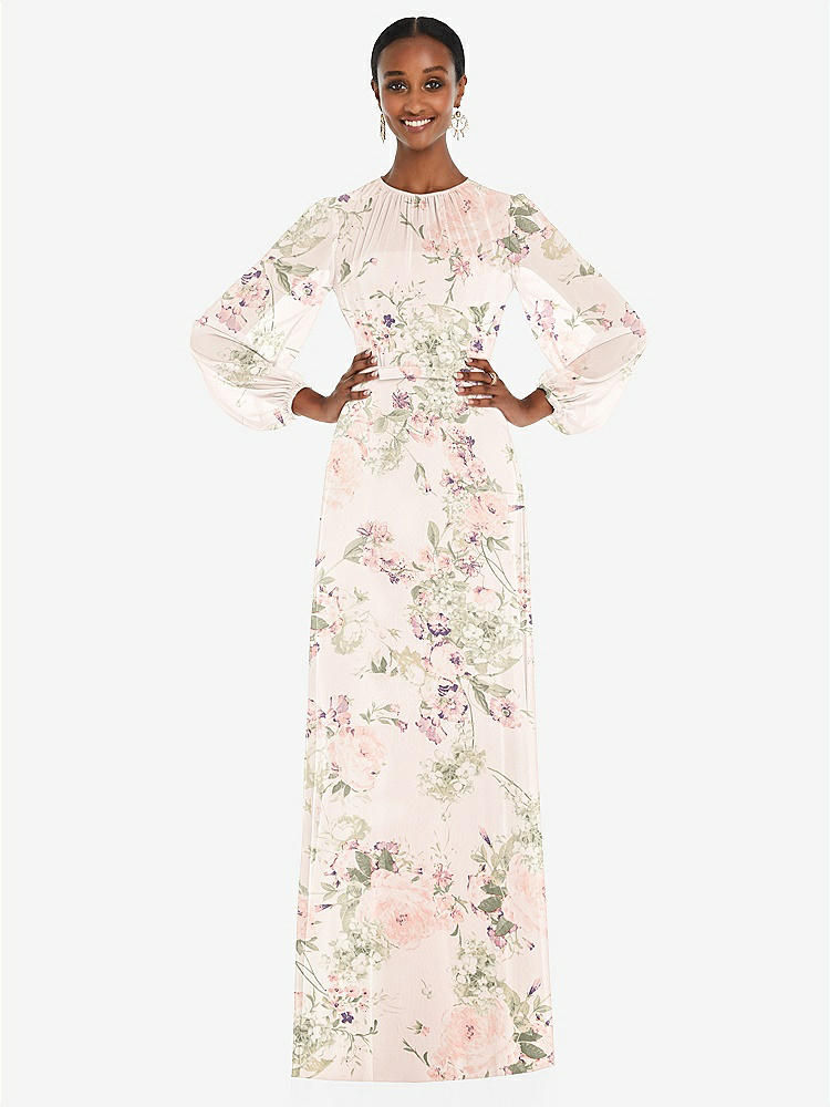 【STYLE: 3098】Strapless Chiffon Maxi Dress with Puff Sleeve Blouson Overlay 【COLOR: Blush Garden】