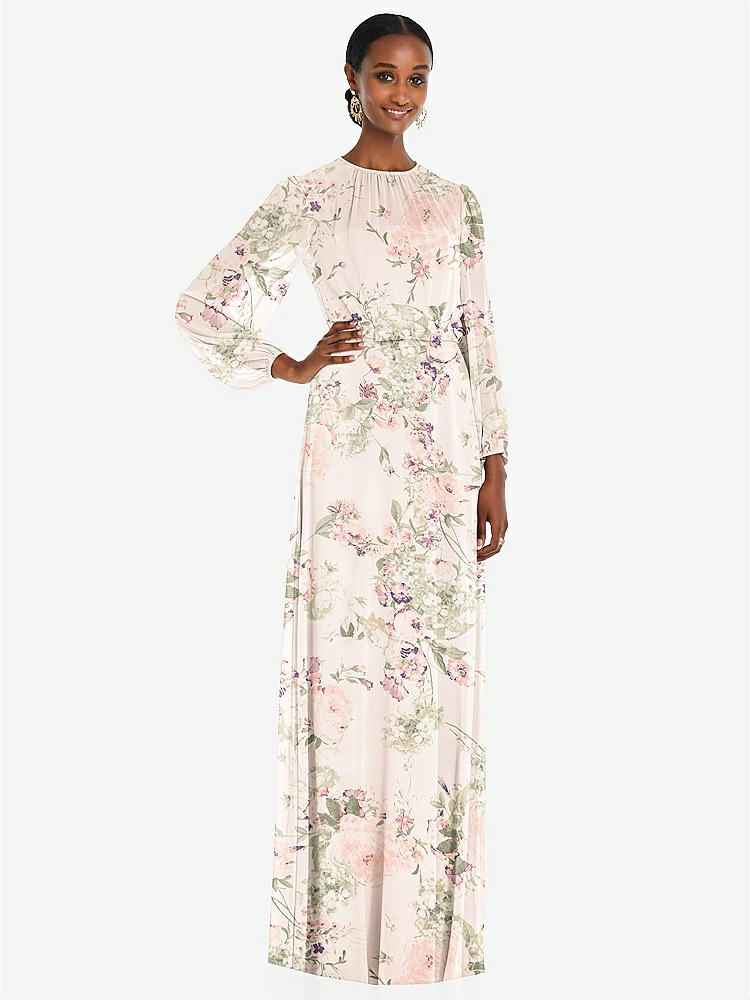 【STYLE: 3098】Strapless Chiffon Maxi Dress with Puff Sleeve Blouson Overlay 【COLOR: Blush Garden】