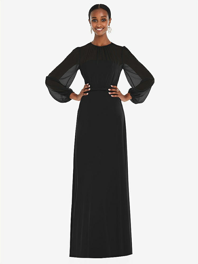 【STYLE: 3098】Strapless Chiffon Maxi Dress with Puff Sleeve Blouson Overlay 【COLOR: Black】