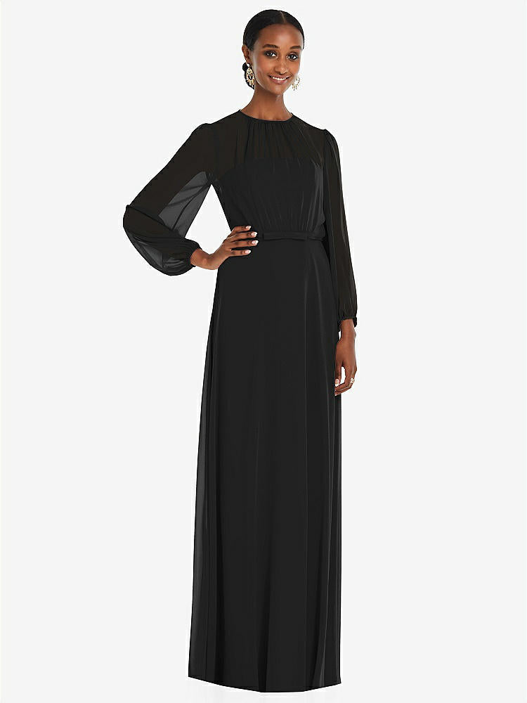 【STYLE: 3098】Strapless Chiffon Maxi Dress with Puff Sleeve Blouson Overlay 【COLOR: Black】
