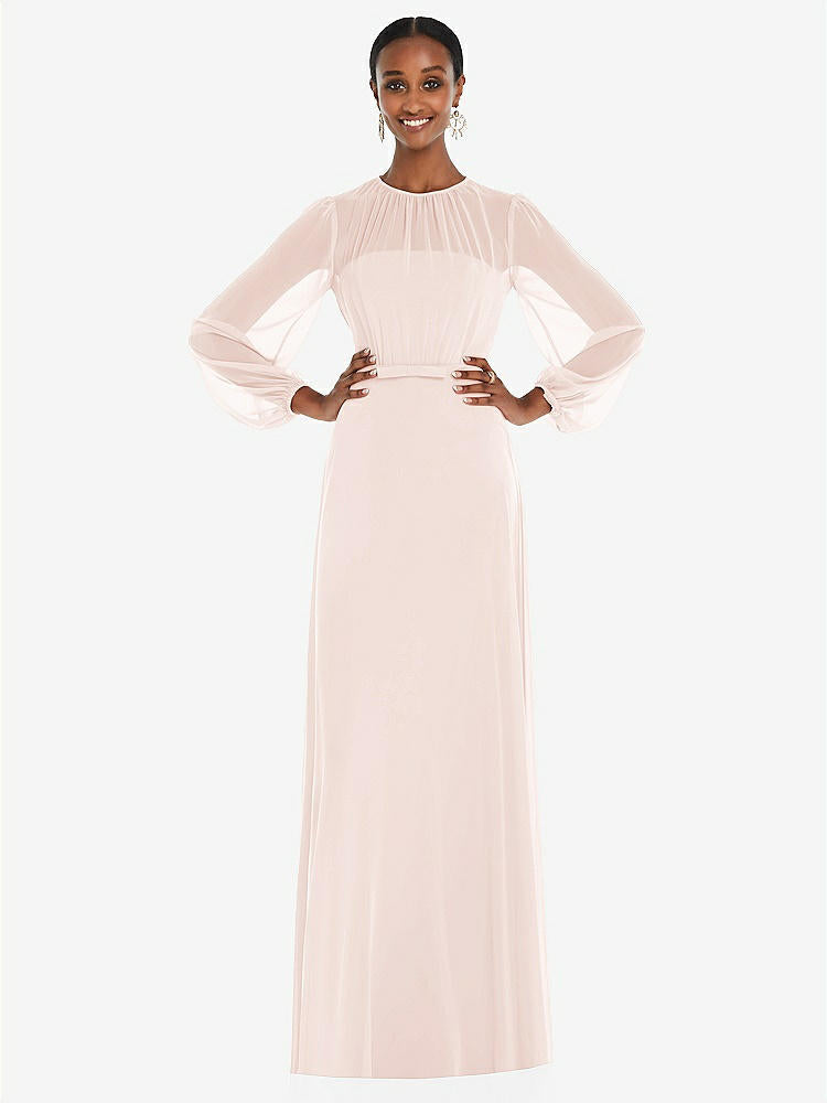 【NEW】【STYLE: 3098】ストラップレス シフォン マキシ ドレス パフ付き スリーブ ブルーソン オーバーレイ 【COLOR: Blush】【SIZE: 00-30W】