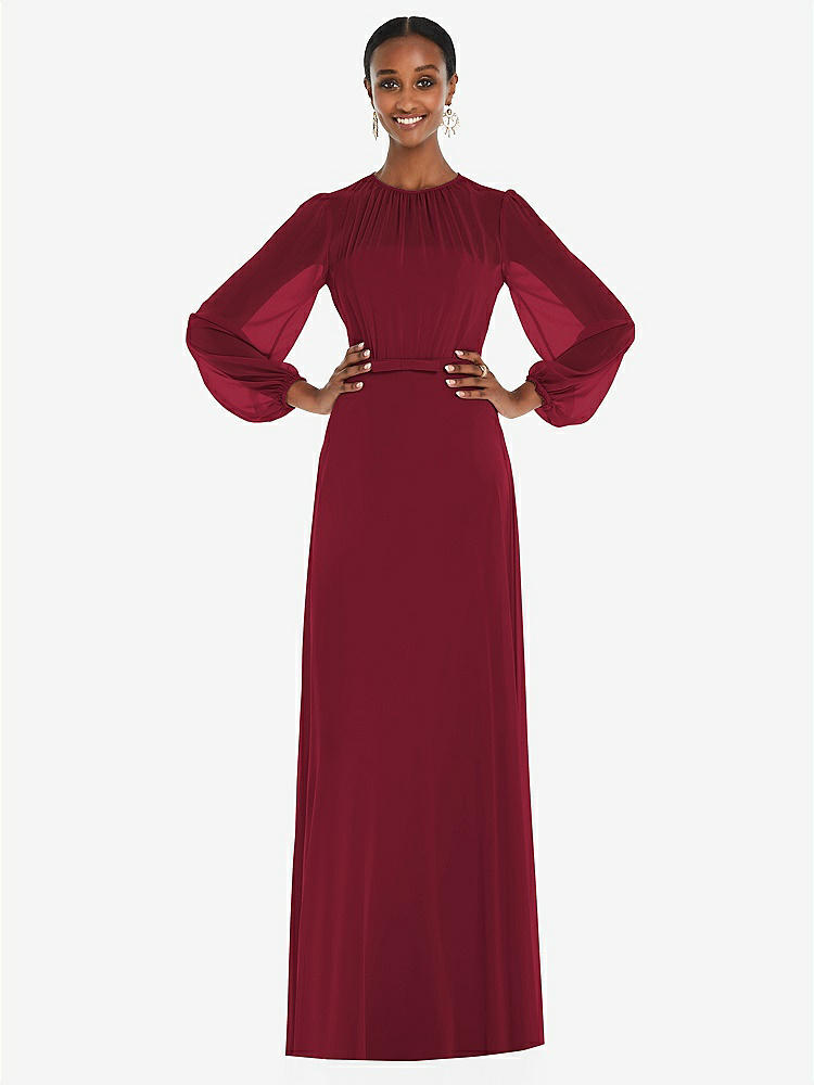 【STYLE: 3098】Strapless Chiffon Maxi Dress with Puff Sleeve Blouson Overlay 【COLOR: Burgundy】
