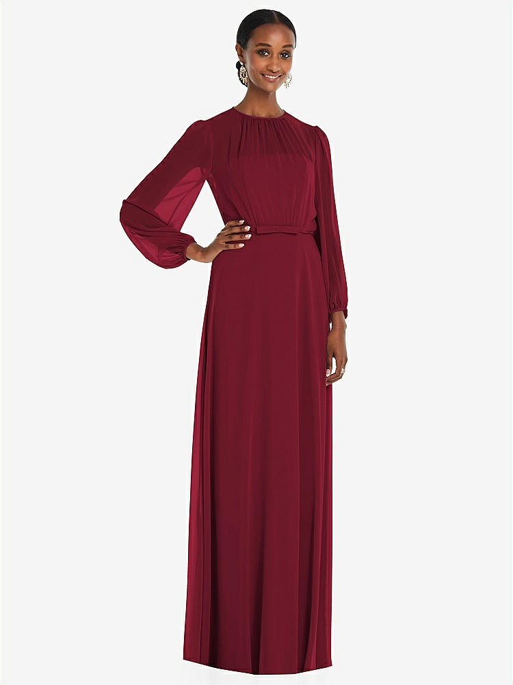 【STYLE: 3098】Strapless Chiffon Maxi Dress with Puff Sleeve Blouson Overlay 【COLOR: Burgundy】