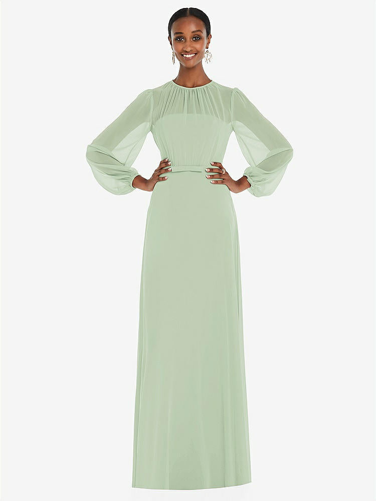 【NEW】【STYLE: 3098】ストラップレス シフォン マキシ ドレス パフ付き スリーブ ブルーソン オーバーレイ 【COLOR: Celadon】【SIZE: 00-30W】