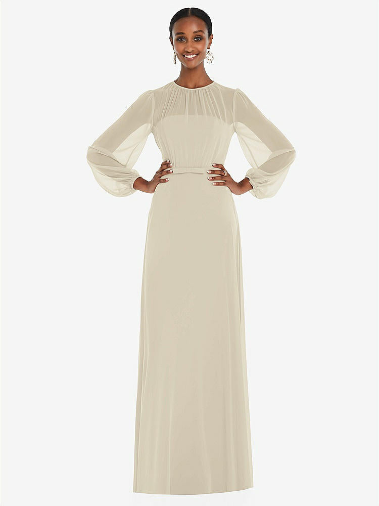 【STYLE: 3098】Strapless Chiffon Maxi Dress with Puff Sleeve Blouson Overlay 【COLOR: Champagne】