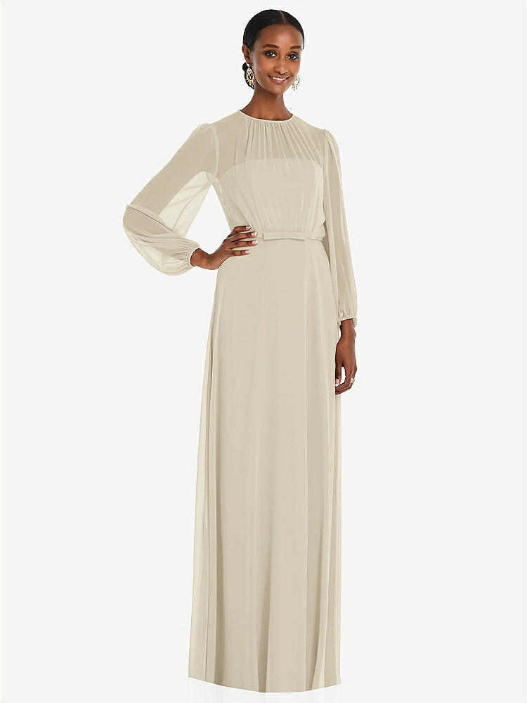 【STYLE: 3098】Strapless Chiffon Maxi Dress with Puff Sleeve Blouson Overlay 【COLOR: Champagne】
