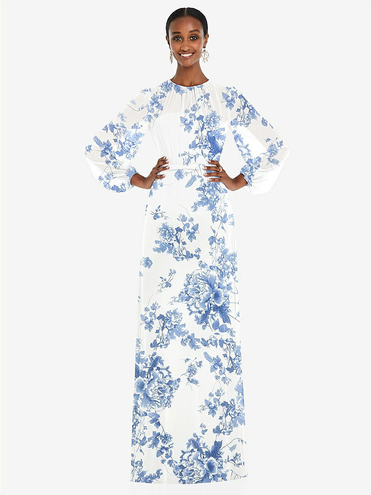 【NEW】【STYLE: 3098】ストラップレス シフォン マキシ ドレス パフ付き スリーブ ブルーソン オーバーレイ 【COLOR: Cottage Rose Dusk Blue】【SIZE: 00-30W】