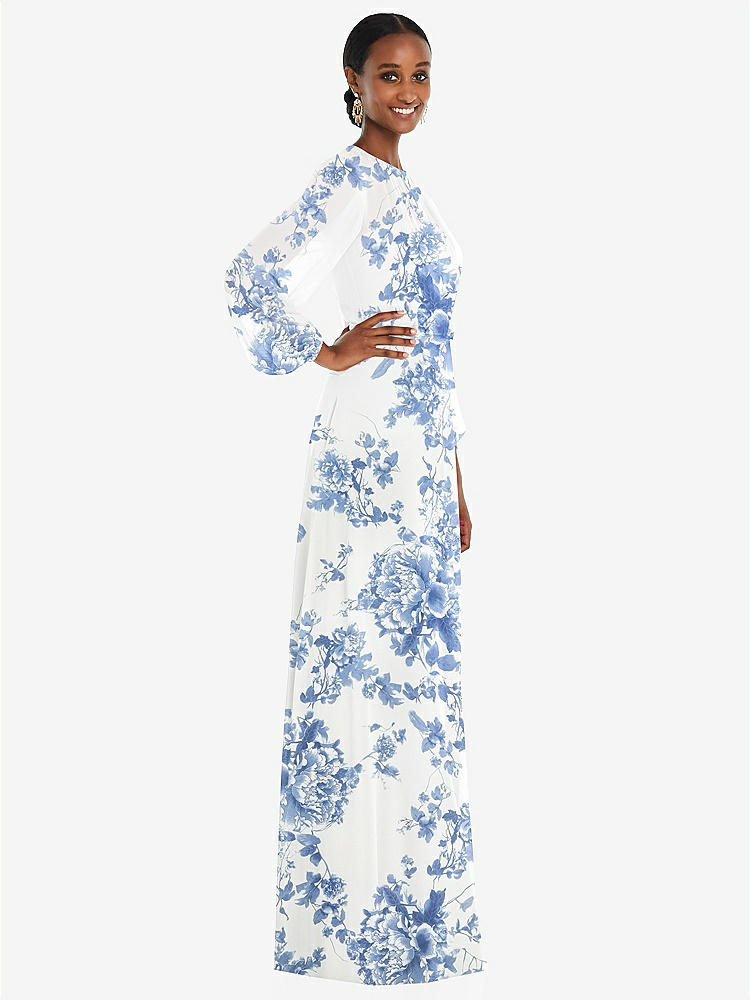 【NEW】【STYLE: 3098】ストラップレス シフォン マキシ ドレス パフ付き スリーブ ブルーソン オーバーレイ 【COLOR: Cottage Rose Dusk Blue】【SIZE: 00-30W】