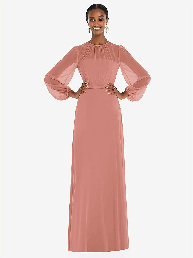 【NEW】【STYLE: 3098】ストラップレス シフォン マキシ ドレス パフ付き スリーブ ブルーソン オーバーレイ 【COLOR: Desert Rose】【SIZE: 00-30W】