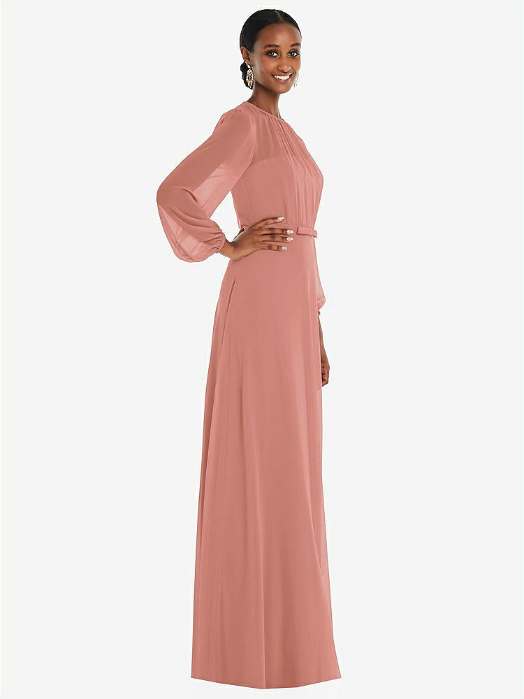 【NEW】【STYLE: 3098】ストラップレス シフォン マキシ ドレス パフ付き スリーブ ブルーソン オーバーレイ 【COLOR: Desert Rose】【SIZE: 00-30W】