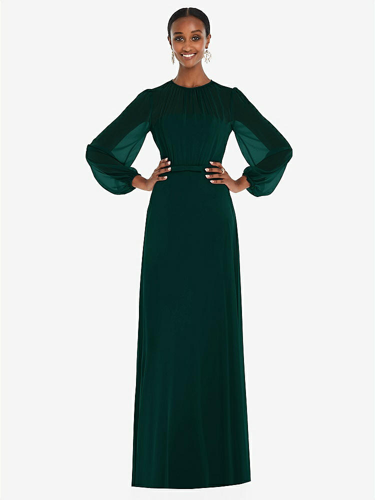 【STYLE: 3098】Strapless Chiffon Maxi Dress with Puff Sleeve Blouson Overlay 【COLOR: Evergreen】