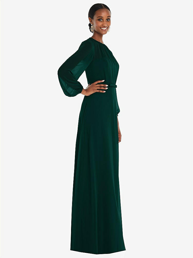 【STYLE: 3098】Strapless Chiffon Maxi Dress with Puff Sleeve Blouson Overlay 【COLOR: Evergreen】