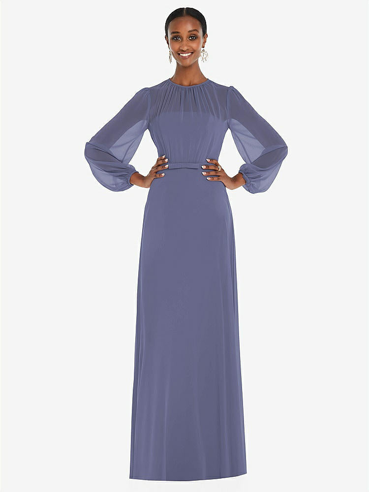 【NEW】【STYLE: 3098】ストラップレス シフォン マキシ ドレス パフ付き スリーブ ブルーソン オーバーレイ 【COLOR: French Blue】【SIZE: 00-30W】