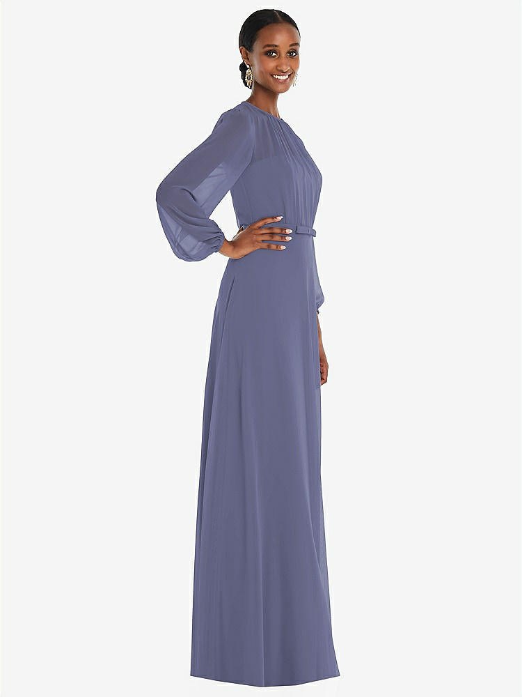 【NEW】【STYLE: 3098】ストラップレス シフォン マキシ ドレス パフ付き スリーブ ブルーソン オーバーレイ 【COLOR: French Blue】【SIZE: 00-30W】