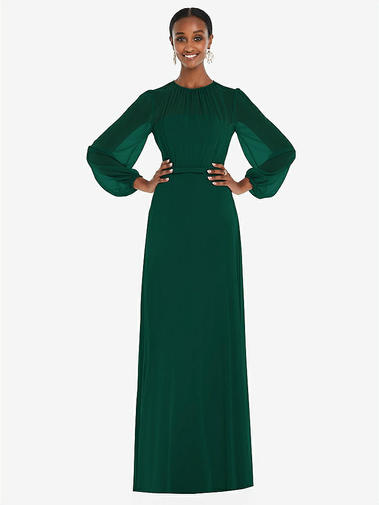 【STYLE: 3098】Strapless Chiffon Maxi Dress with Puff Sleeve Blouson Overlay 【COLOR: Hunter Green】