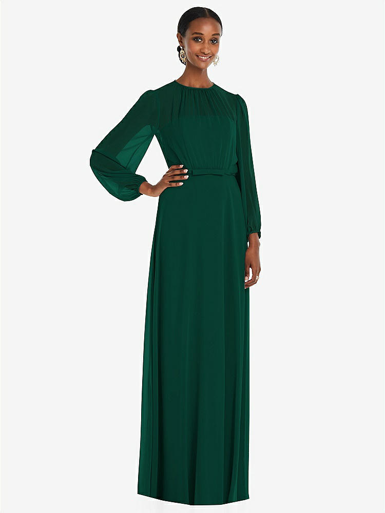 【STYLE: 3098】Strapless Chiffon Maxi Dress with Puff Sleeve Blouson Overlay 【COLOR: Hunter Green】