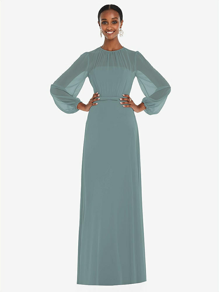 【STYLE: 3098】Strapless Chiffon Maxi Dress with Puff Sleeve Blouson Overlay 【COLOR: Icelandic】
