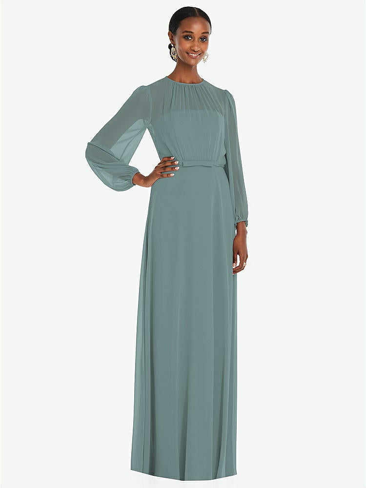 【STYLE: 3098】Strapless Chiffon Maxi Dress with Puff Sleeve Blouson Overlay 【COLOR: Icelandic】