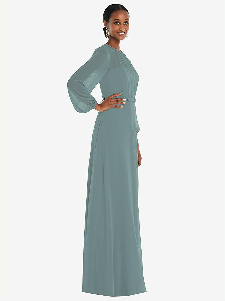 【STYLE: 3098】Strapless Chiffon Maxi Dress with Puff Sleeve Blouson Overlay 【COLOR: Icelandic】