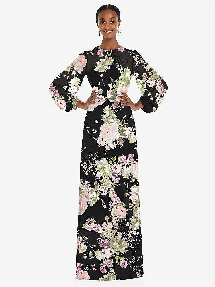【STYLE: 3098】Strapless Chiffon Maxi Dress with Puff Sleeve Blouson Overlay 【COLOR: Noir Garden】