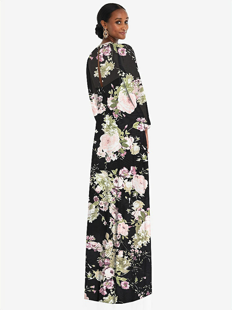 【STYLE: 3098】Strapless Chiffon Maxi Dress with Puff Sleeve Blouson Overlay 【COLOR: Noir Garden】