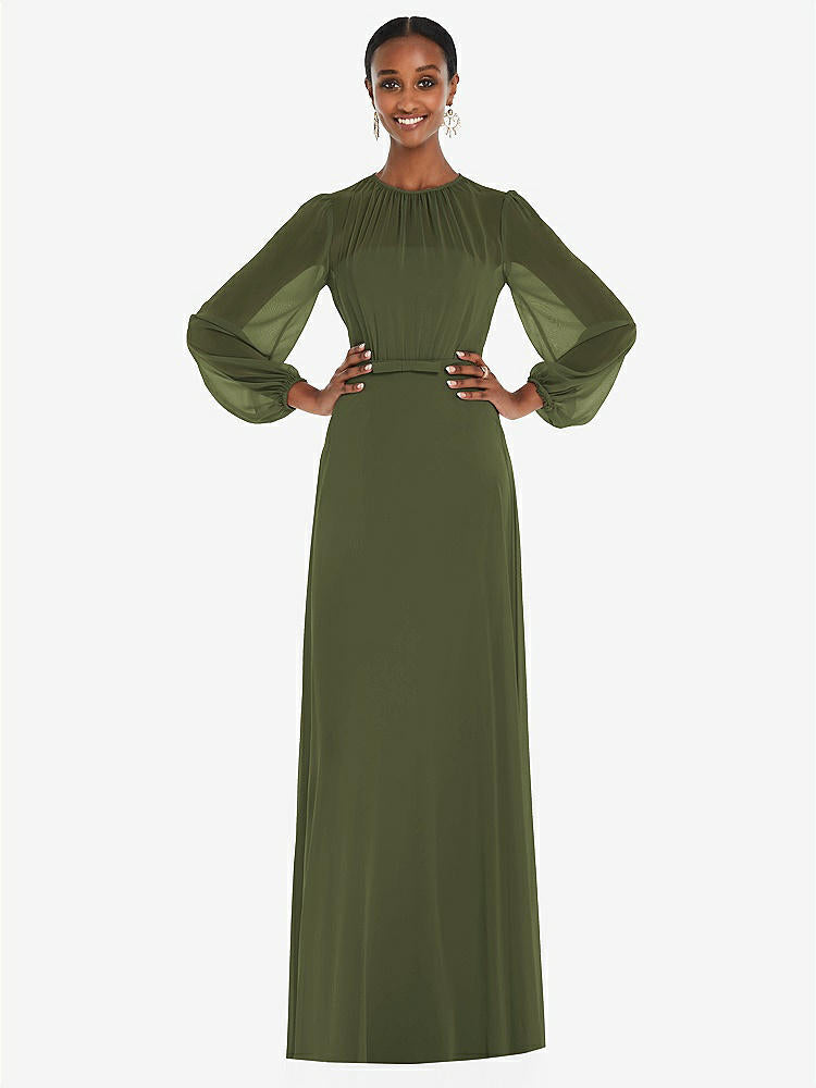 【STYLE: 3098】Strapless Chiffon Maxi Dress with Puff Sleeve Blouson Overlay 【COLOR: Olive Green】