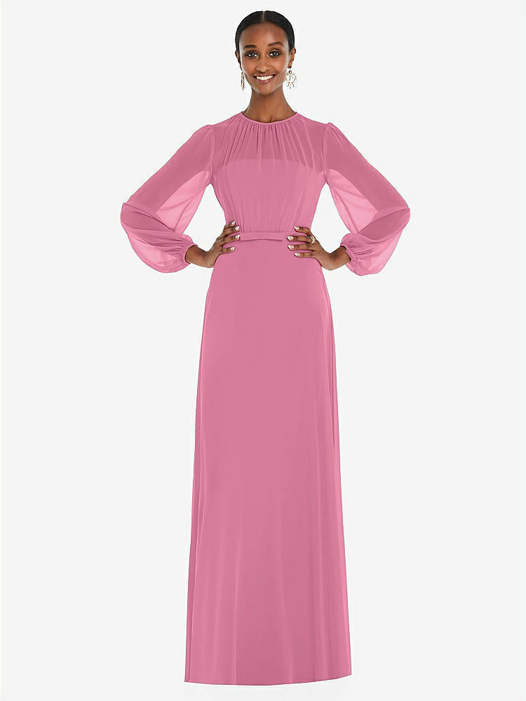 【NEW】【STYLE: 3098】ストラップレス シフォン マキシ ドレス パフ付き スリーブ ブルーソン オーバーレイ 【COLOR: Orchid Pink】【SIZE: 00-30W】