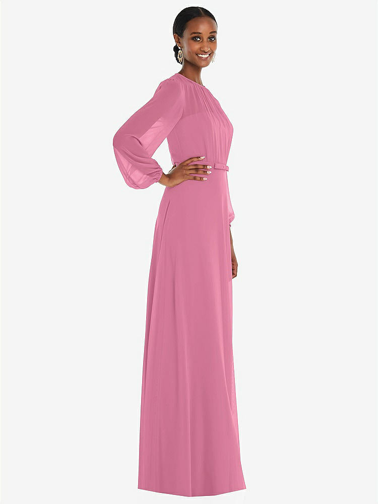 【NEW】【STYLE: 3098】ストラップレス シフォン マキシ ドレス パフ付き スリーブ ブルーソン オーバーレイ 【COLOR: Orchid Pink】【SIZE: 00-30W】