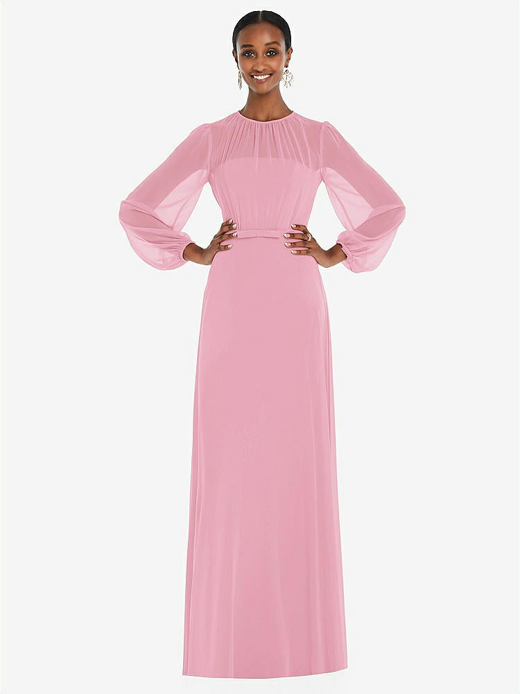 【NEW】【STYLE: 3098】ストラップレス シフォン マキシ ドレス パフ付き スリーブ ブルーソン オーバーレイ 【COLOR: Peony Pink】【SIZE: 00-30W】