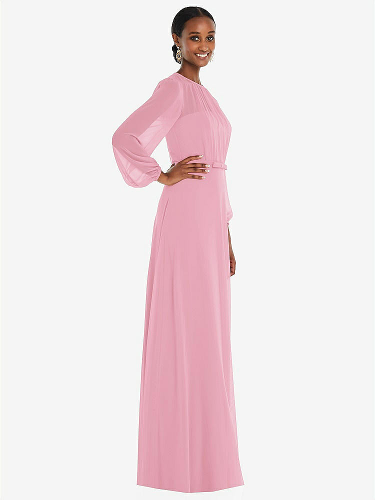 【NEW】【STYLE: 3098】ストラップレス シフォン マキシ ドレス パフ付き スリーブ ブルーソン オーバーレイ 【COLOR: Peony Pink】【SIZE: 00-30W】