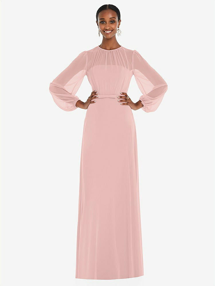 【STYLE: 3098】Strapless Chiffon Maxi Dress with Puff Sleeve Blouson Overlay 【COLOR: Rose - PANTONE Rose Quartz】