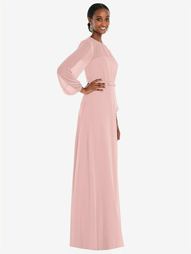 【STYLE: 3098】Strapless Chiffon Maxi Dress with Puff Sleeve Blouson Overlay 【COLOR: Rose - PANTONE Rose Quartz】