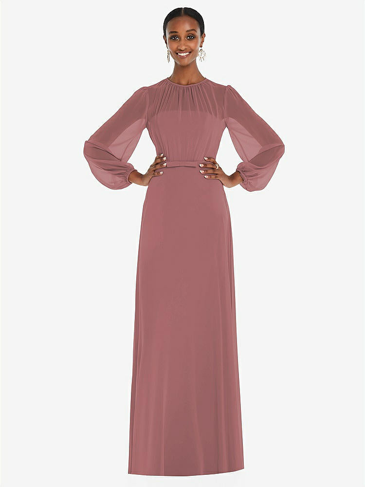 【NEW】【STYLE: 3098】ストラップレス シフォン マキシ ドレス パフ付き スリーブ ブルーソン オーバーレイ 【COLOR: Rosewood】【SIZE: 00-30W】