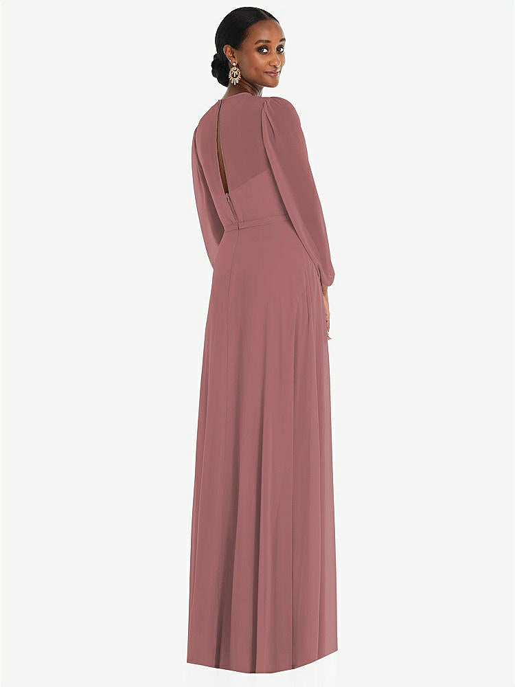 【NEW】【STYLE: 3098】ストラップレス シフォン マキシ ドレス パフ付き スリーブ ブルーソン オーバーレイ 【COLOR: Rosewood】【SIZE: 00-30W】