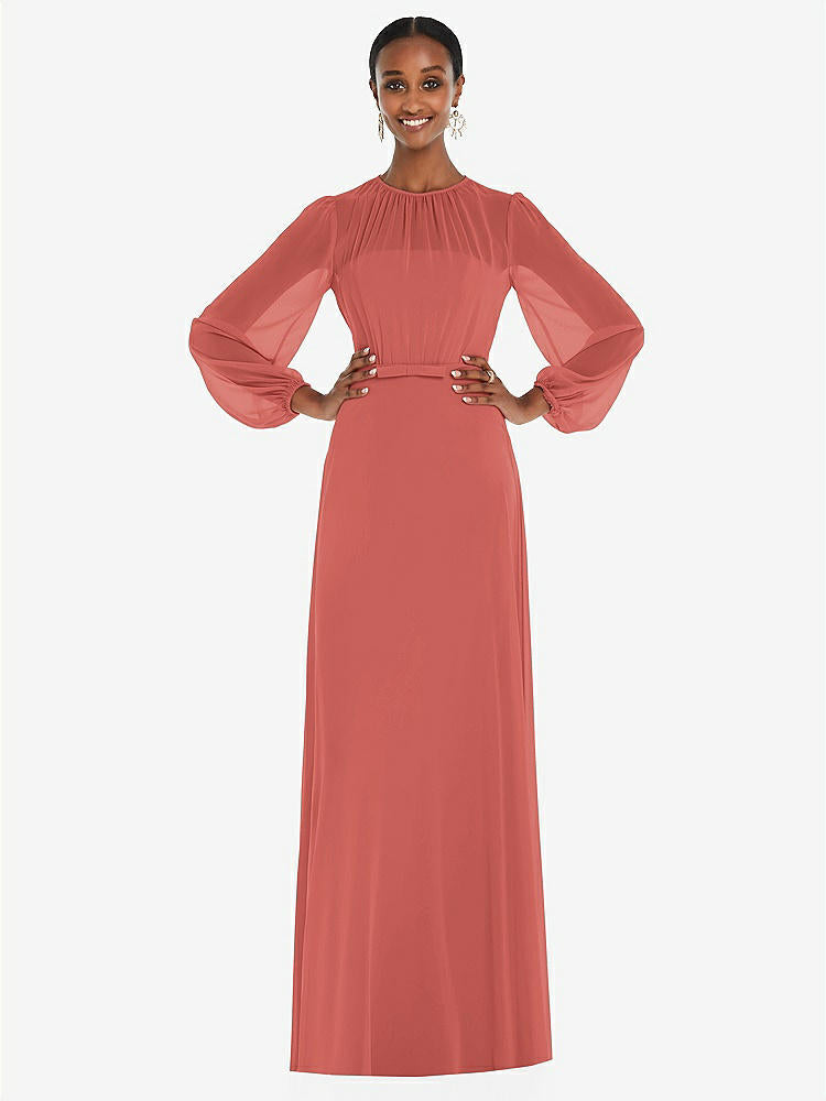 【NEW】【STYLE: 3098】ストラップレス シフォン マキシ ドレス パフ付き スリーブ ブルーソン オーバーレイ 【COLOR: Coral Pink】【SIZE: 00-30W】
