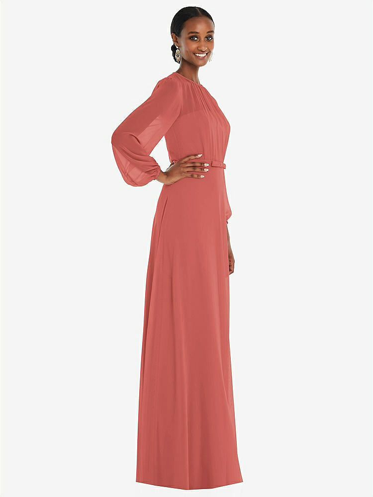 【NEW】【STYLE: 3098】ストラップレス シフォン マキシ ドレス パフ付き スリーブ ブルーソン オーバーレイ 【COLOR: Coral Pink】【SIZE: 00-30W】
