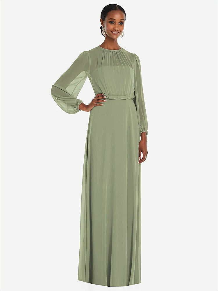 【STYLE: 3098】Strapless Chiffon Maxi Dress with Puff Sleeve Blouson Overlay 【COLOR: Sage】
