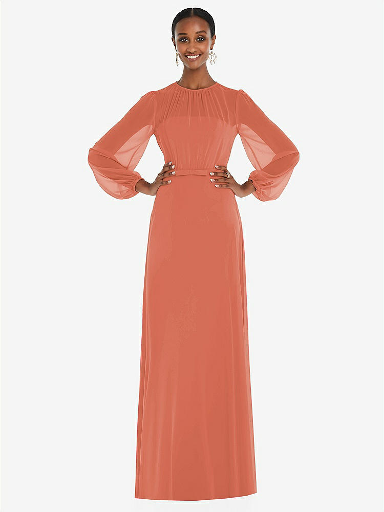 【NEW】【STYLE: 3098】ストラップレス シフォン マキシ ドレス パフ付き スリーブ ブルーソン オーバーレイ 【COLOR: Terracotta Copper】【SIZE: 00-30W】